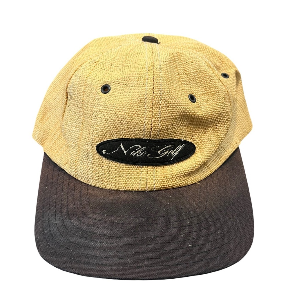 Vintage Nike Golf Hat Mens OSFA Yellow Straw Woven Script Logo Adjustable Cap